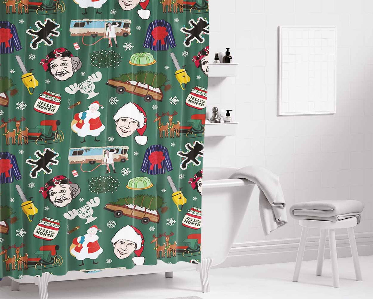 Retro Vintage Family Holiday Green Christmas Vacation Bathroom Shower Curtain Fabric Waterproof | 66 X 72 Inch