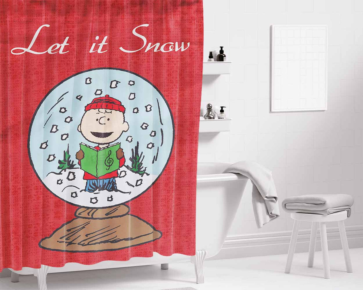 Snow Globe Charlie Brown Christmas Bathroom Shower Curtain Fabric Waterproof | 66 X 72 Inch