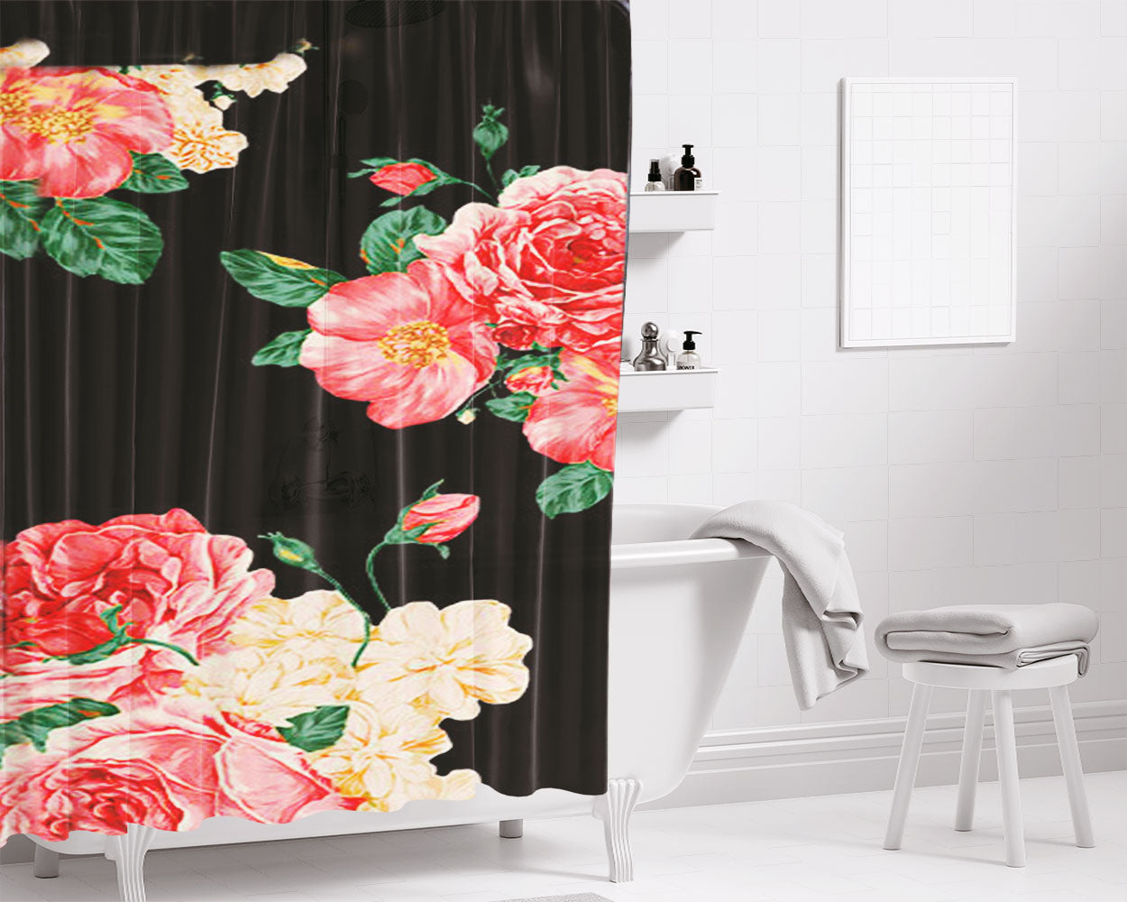 Large Carnations Floral Bathroom Shower Curtain Fabric Waterproof | 66 X 72 Inch