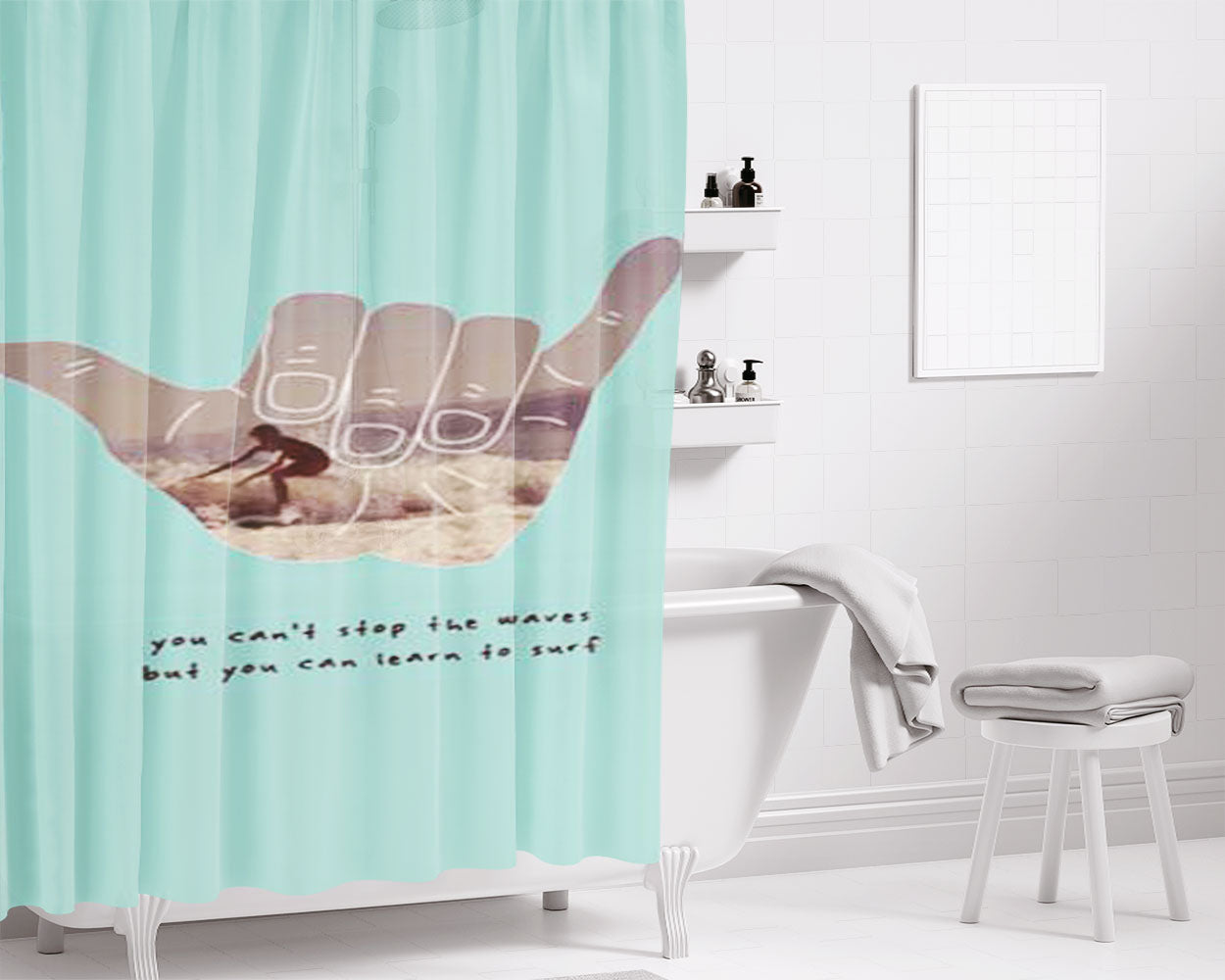 Learn To Surf Blue Green Bathroom Shower Curtain Fabric Waterproof | 66 X 72 Inch