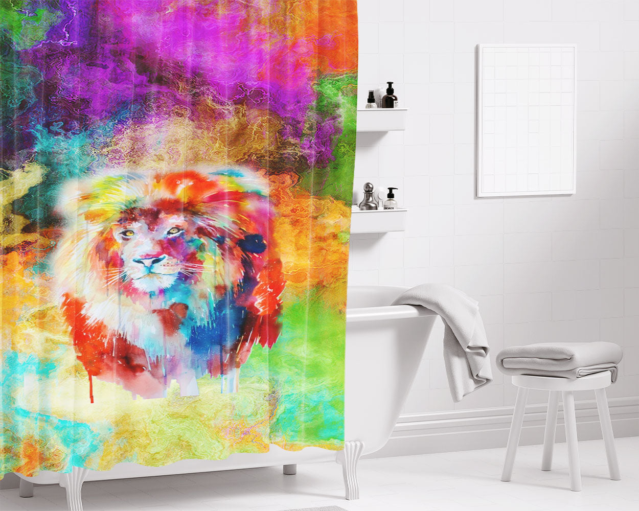 Lion Art Colour Bathroom Shower Curtain Fabric Waterproof | 66 X 72 Inch
