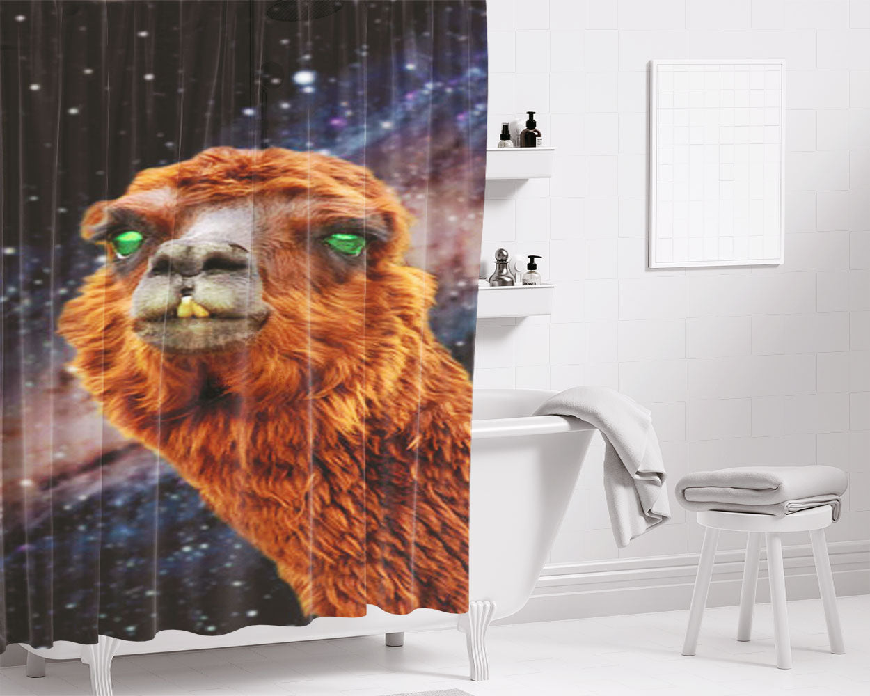 Llama'S Green Nebula Encounter Bathroom Shower Curtain Fabric Waterproof | 66 X 72 Inch