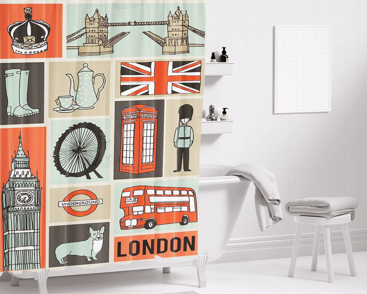 London Collage Art Bathroom Shower Curtain Fabric Waterproof | 66 X 72 Inch