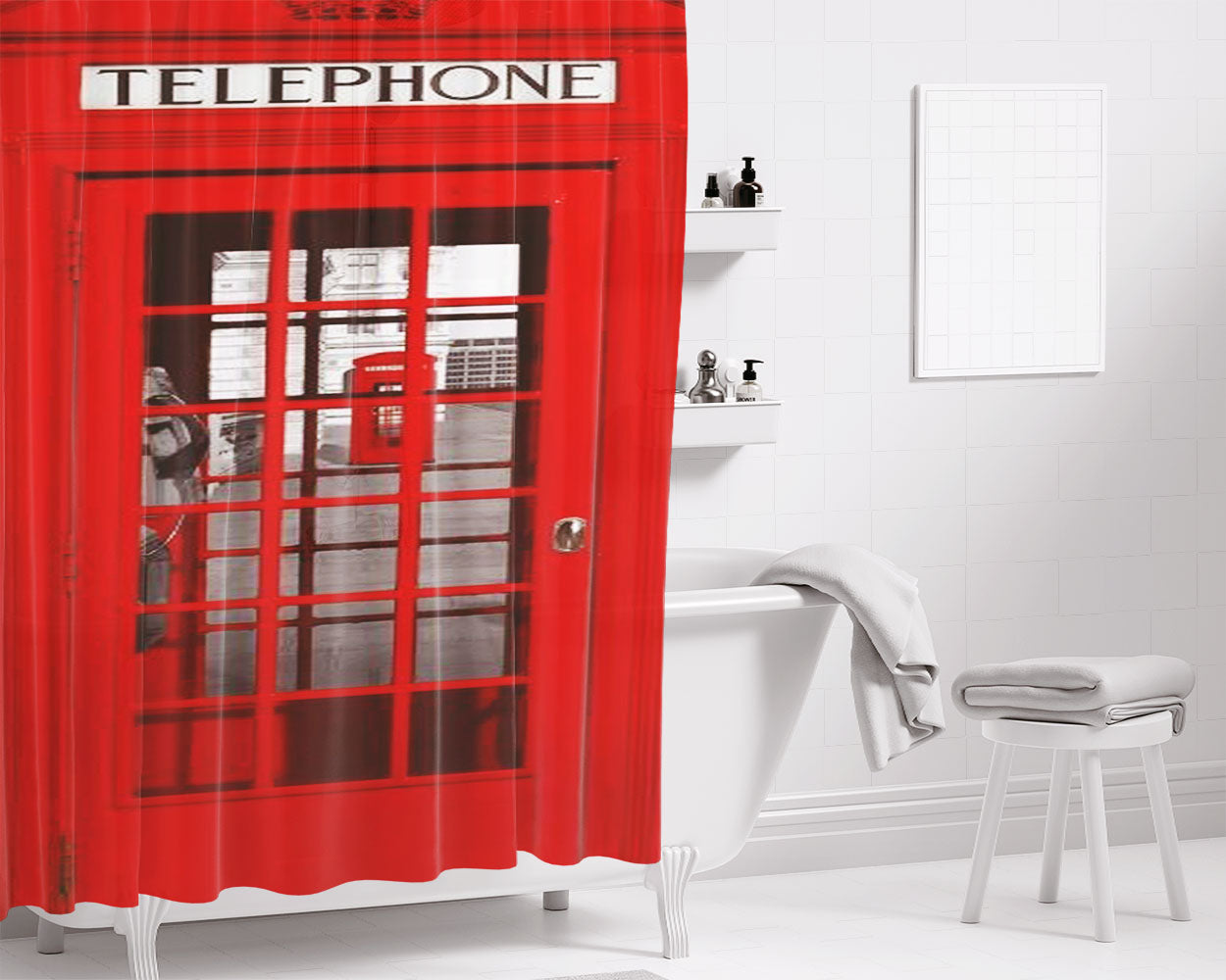 London Telephone Booth Bathroom Shower Curtain Fabric Waterproof | 66 X 72 Inch