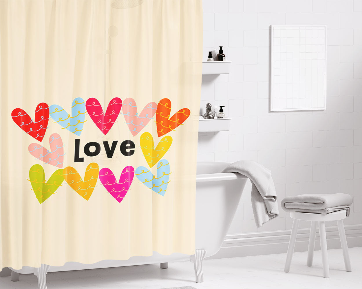 Love Typography Pink Bathroom Shower Curtain Fabric Waterproof | 66 X 72 Inch