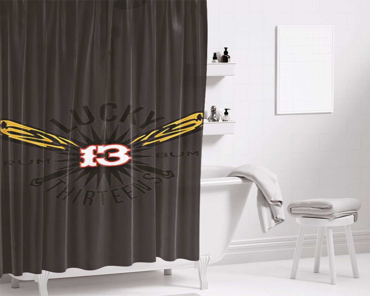 Lucky 13 Rum Bum Logos Dark Grey Bathroom Shower Curtain Fabric Waterproof | 66 X 72 Inch