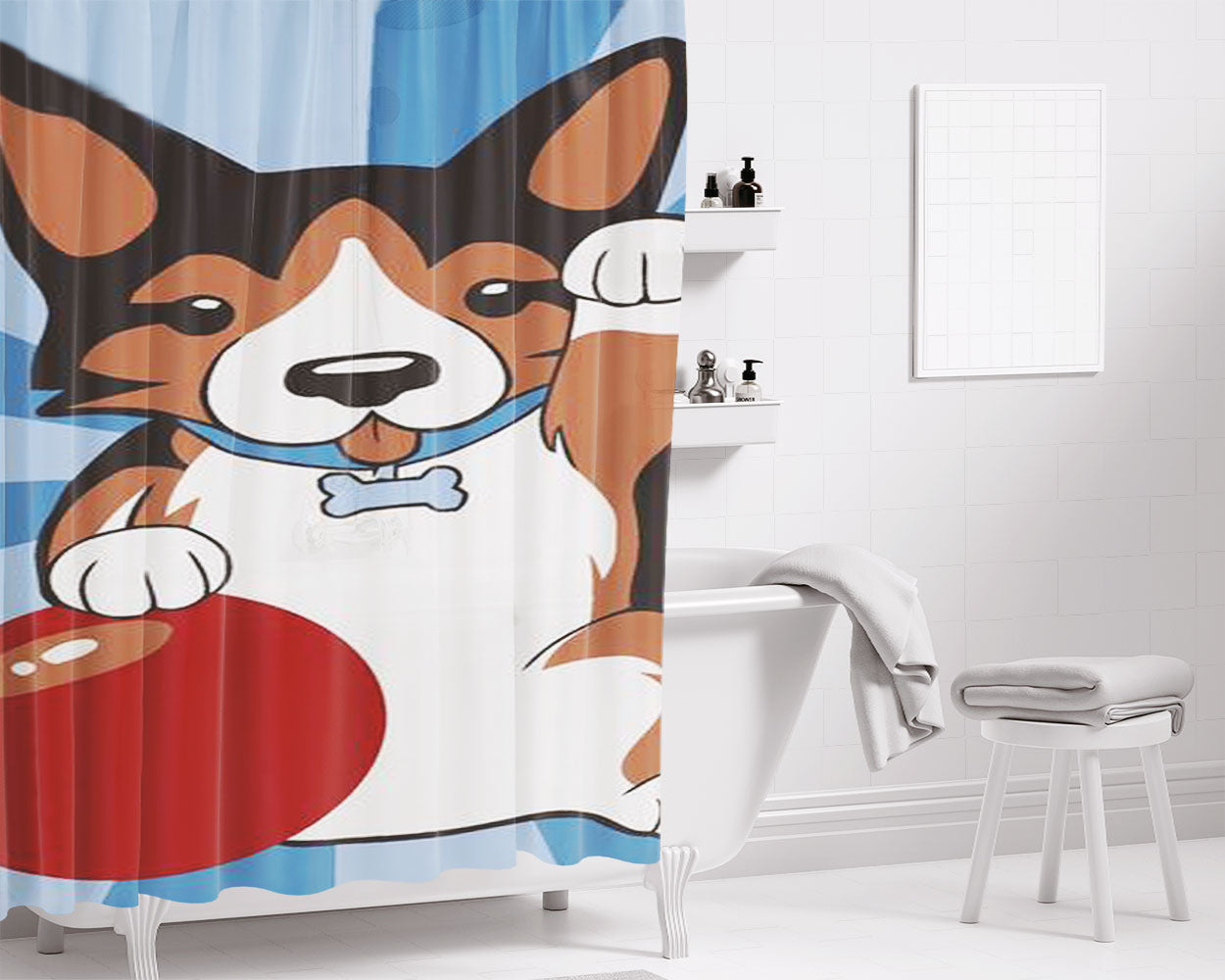 Maneki Corgi Tricolor Bathroom Shower Curtain Fabric Waterproof | 66 X 72 Inch