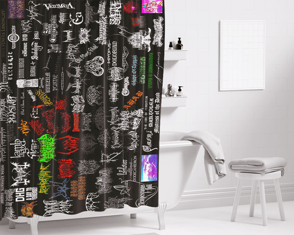 Metal Bands Logo Collage Bathroom Shower Curtain Fabric Waterproof | 66 X 72 Inch