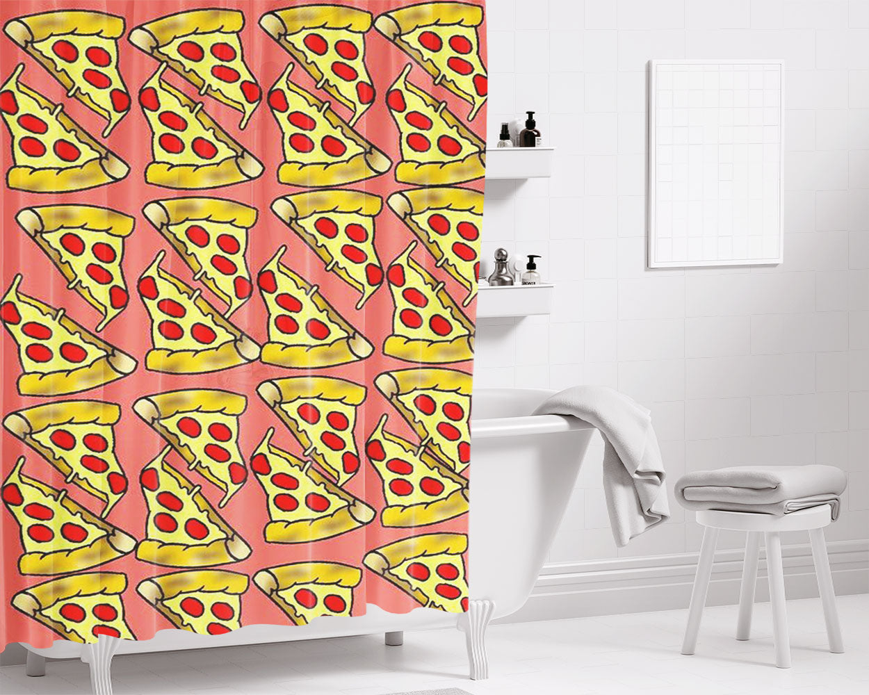 P I Z Z A Bathroom Shower Curtain Fabric Waterproof | 66 X 72 Inch