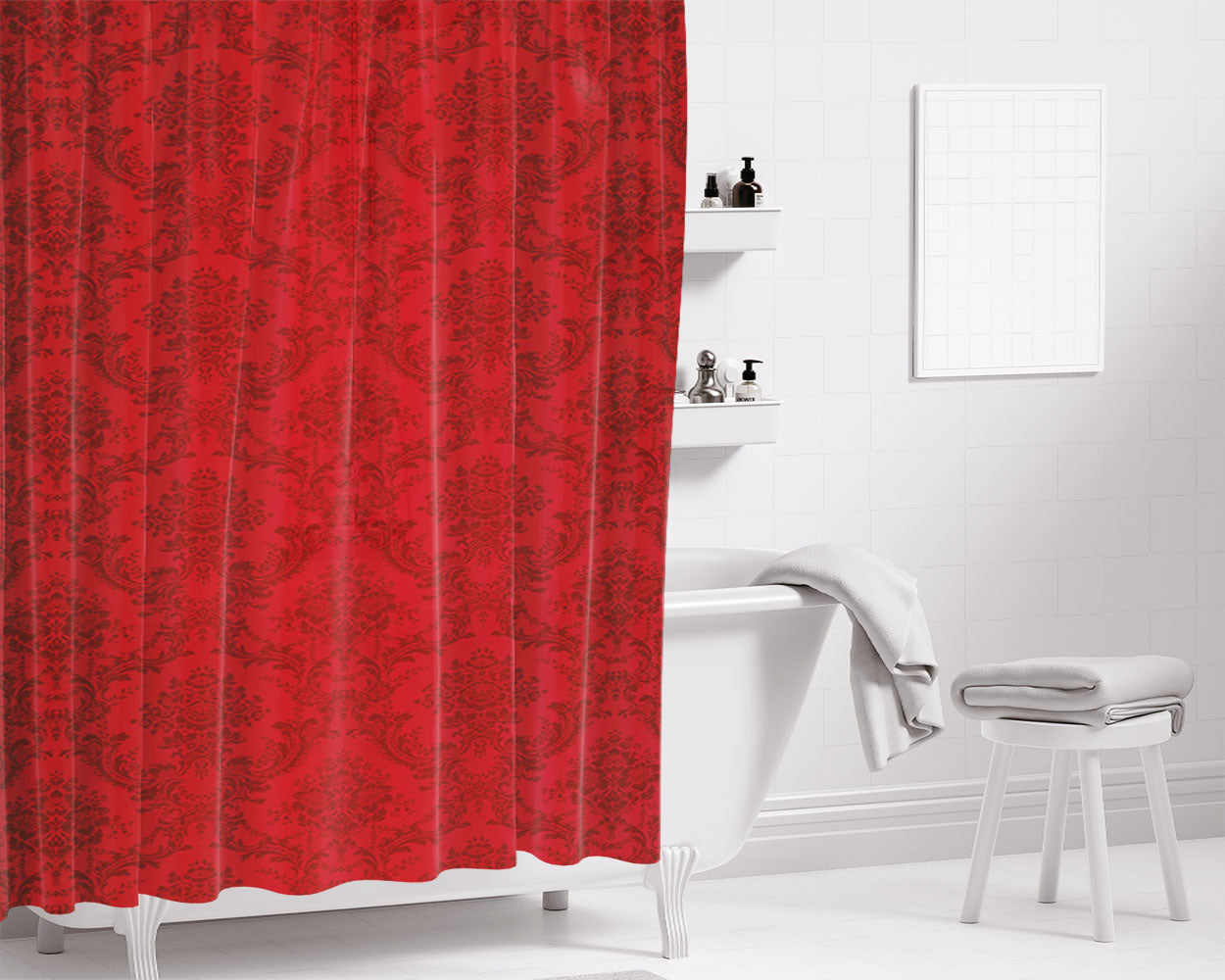 Red Damask Pattern Bathroom Shower Curtain Fabric Waterproof | 66 X 72 Inch