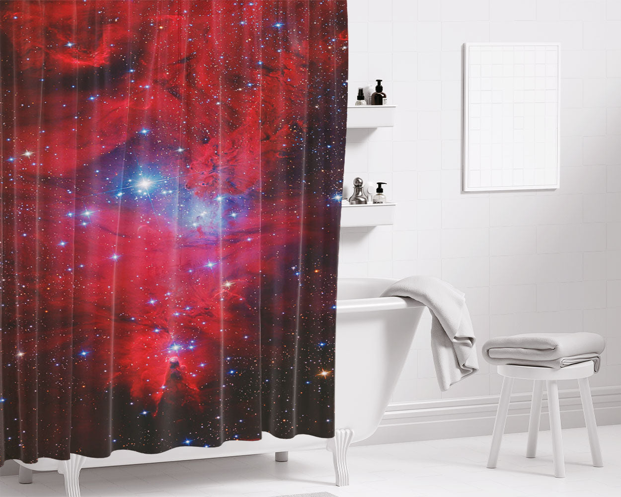 Red Galaxy Nebula Bathroom Shower Curtain Fabric Waterproof | 66 X 72 Inch