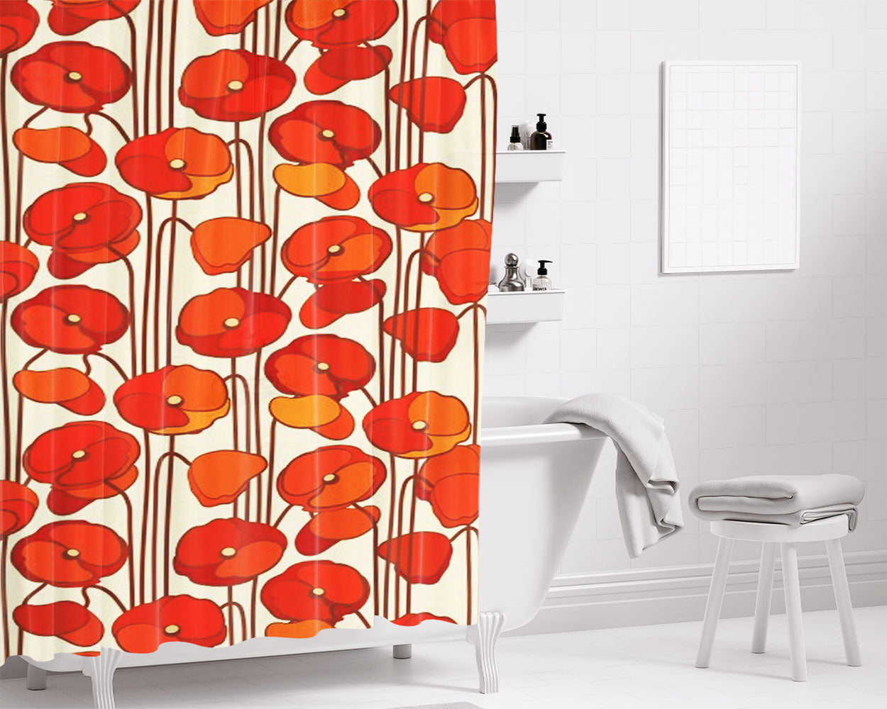 Red Poppy Flower Bathroom Shower Curtain Fabric Waterproof | 66 X 72 Inch