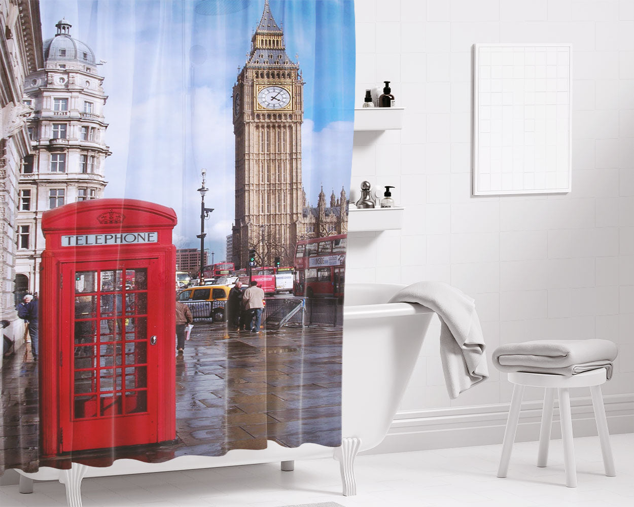 Red Telephone Box, Big Ben Bathroom Shower Curtain Fabric Waterproof | 66 X 72 Inch