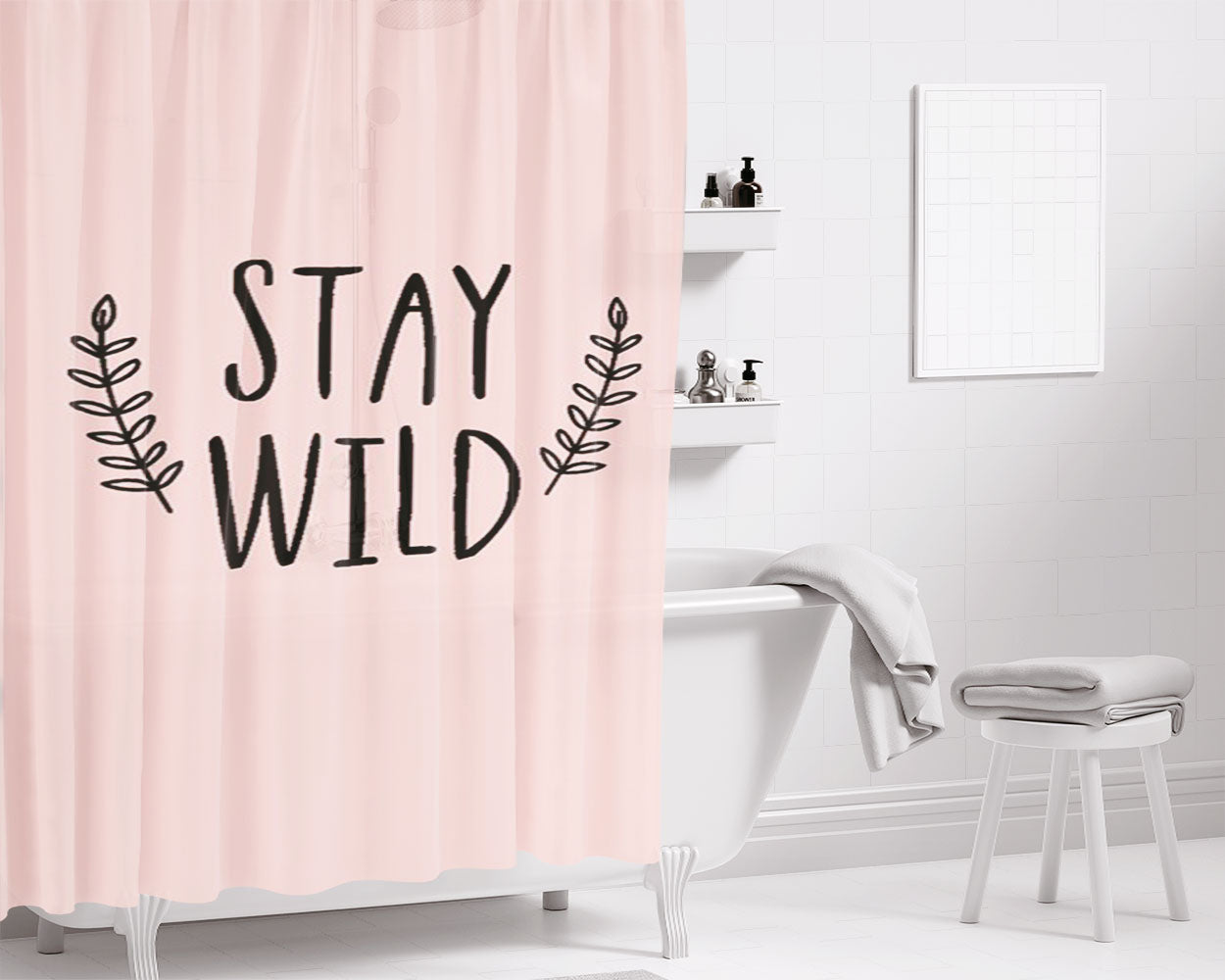 Stay Wild Valentines Day Dog Lover Pink Bathroom Shower Curtain Fabric Waterproof | 66 X 72 Inch