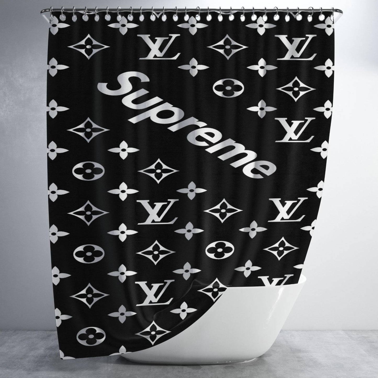 Black Supreme Louis Vuitton Pattern Bathroom Shower Curtain Fabric Waterproof | 66 X 72 Inch