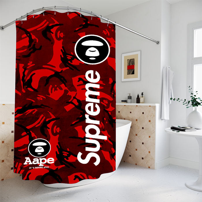 Bape Camo Shark Face Logo Red 2 Bathroom Shower Curtain Fabric Waterproof
