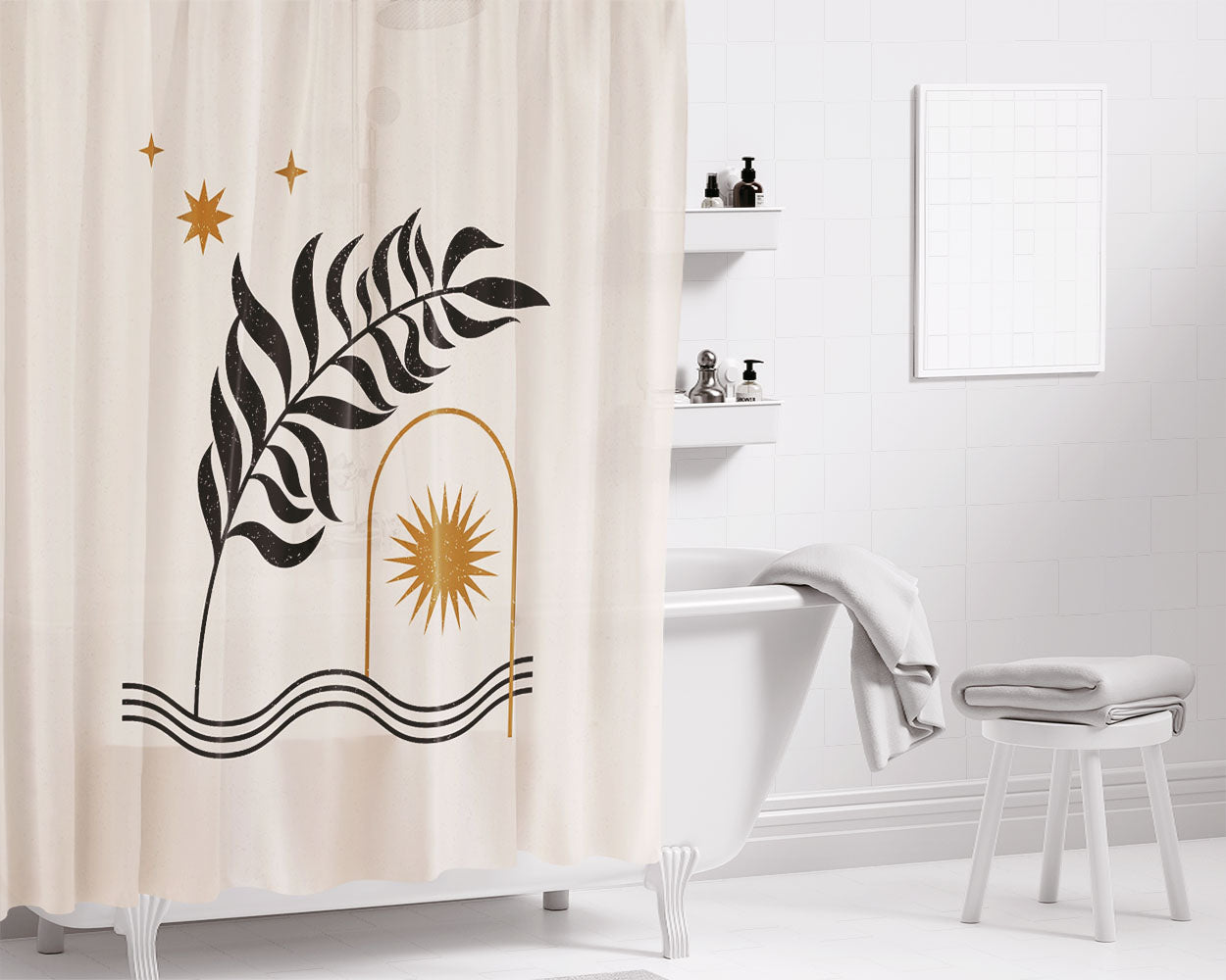 Aesthetic Leaves With Sun Bathroom Shower Curtain Fabric Waterproof | 66 X 72 Inch