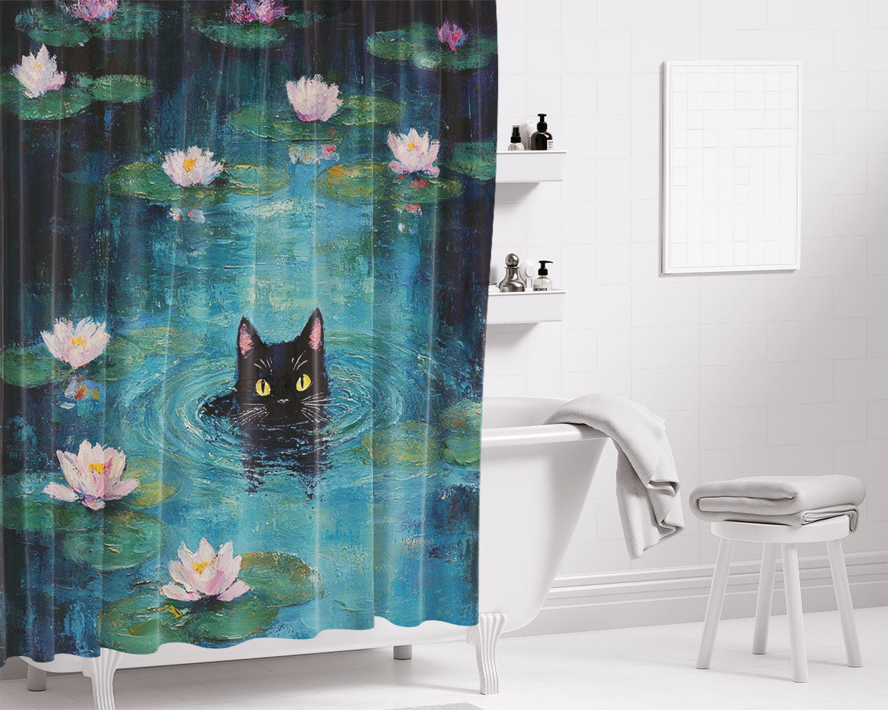 Black Cat And Lotus Bathroom Shower Curtain Fabric Waterproof | 66 X 72 Inch