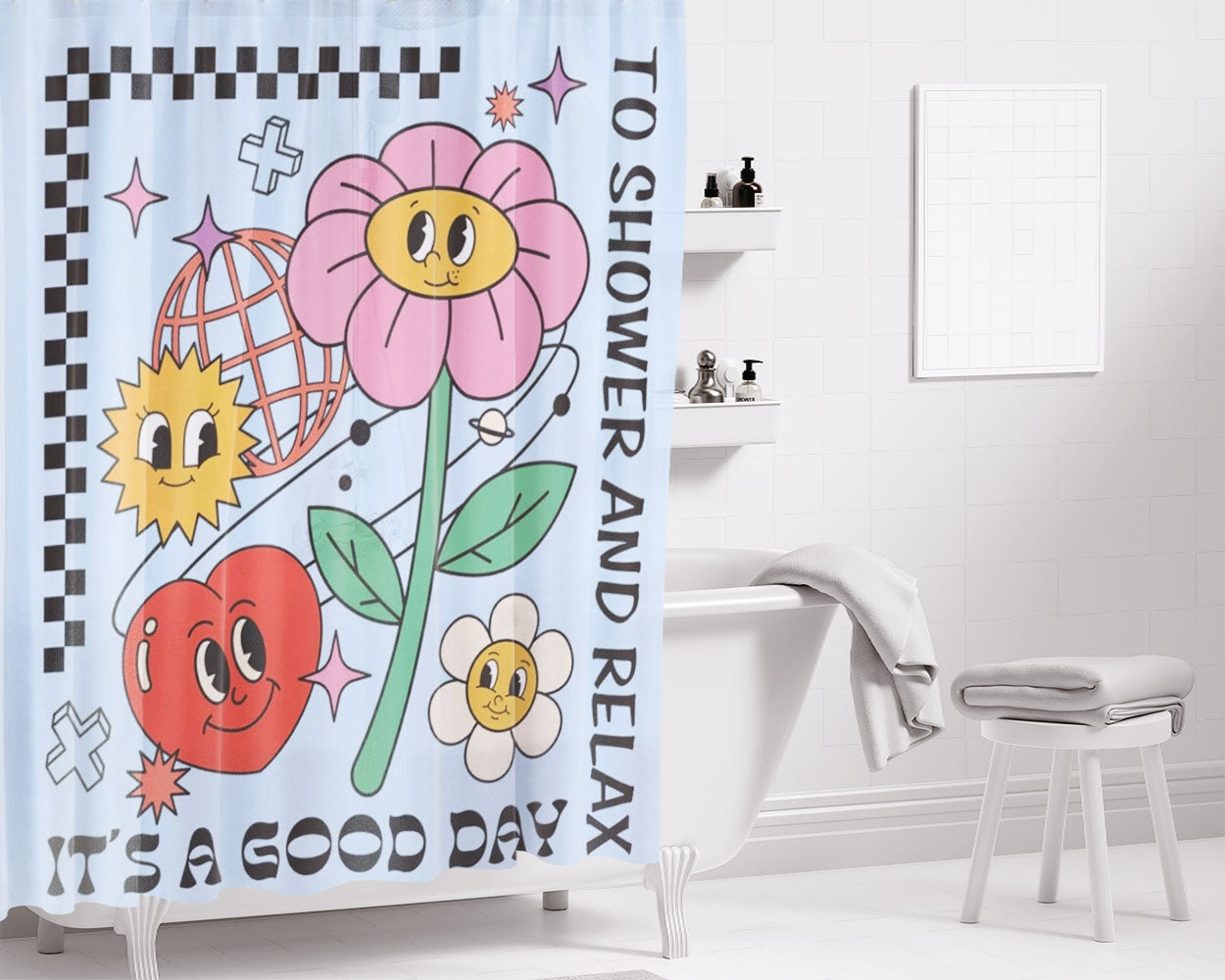 Blue Heart Flower Disco Checkerboard Bathroom Shower Curtain Fabric Waterproof | 66 X 72 Inch