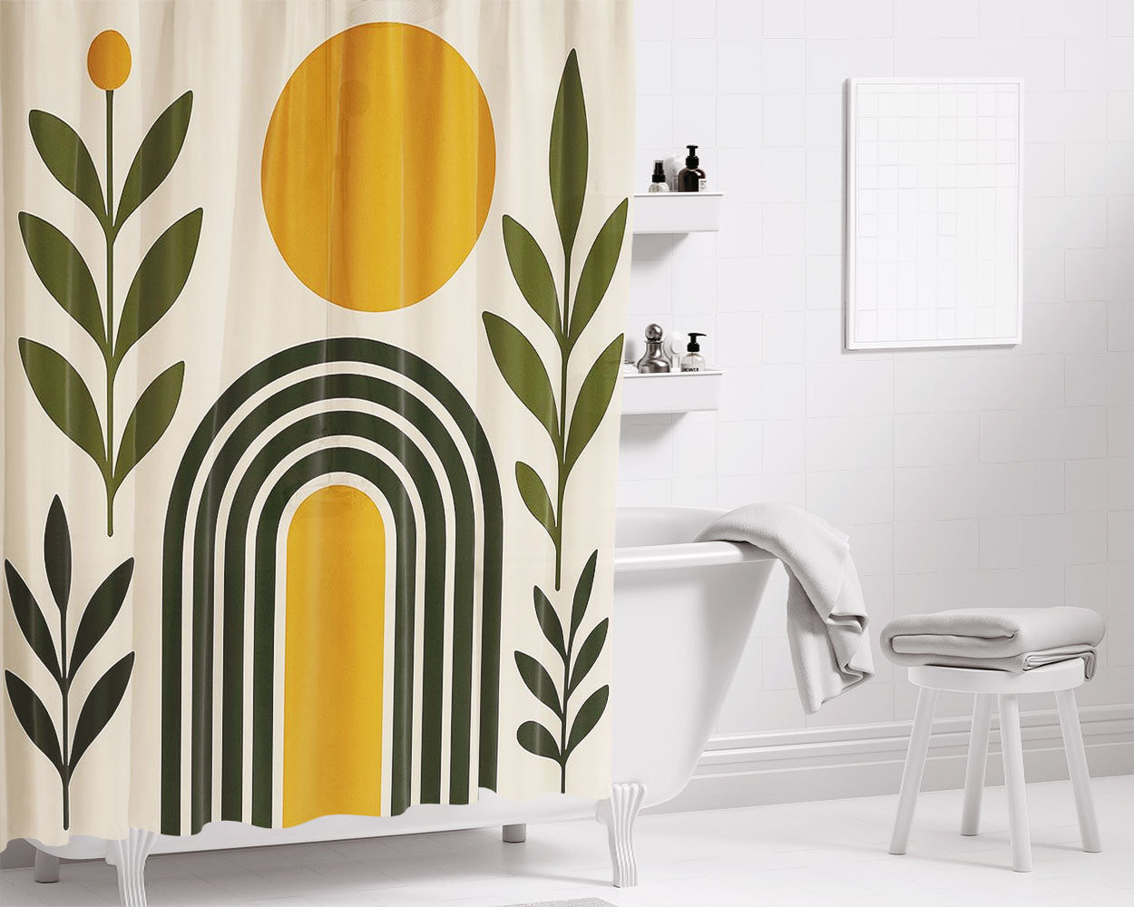 Boho Mid Century Modern Bathroom Shower Curtain Fabric Waterproof | 66 X 72 Inch