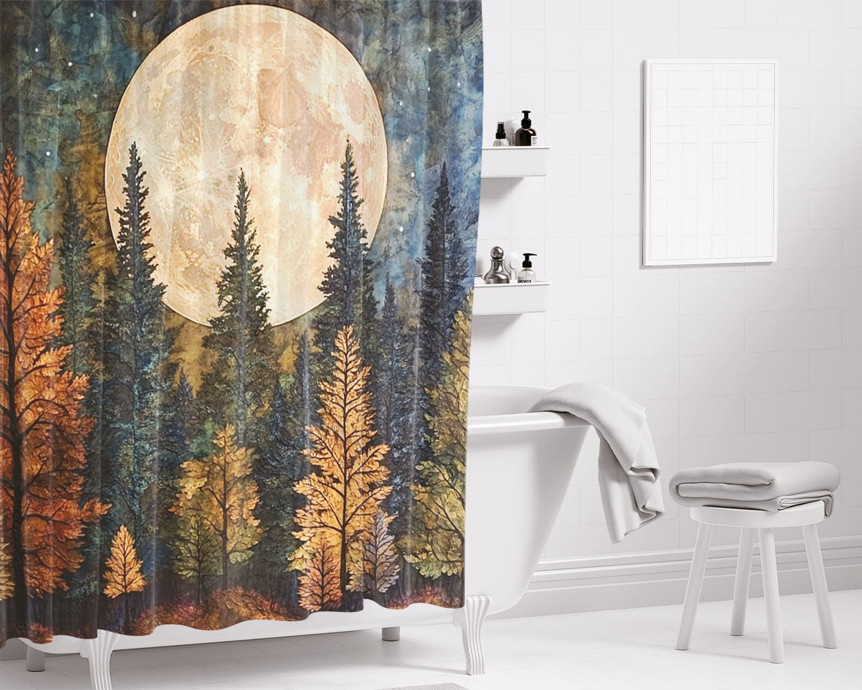 Forest Under The Moon Bathroom Shower Curtain Fabric Waterproof | 66 X 72 Inch