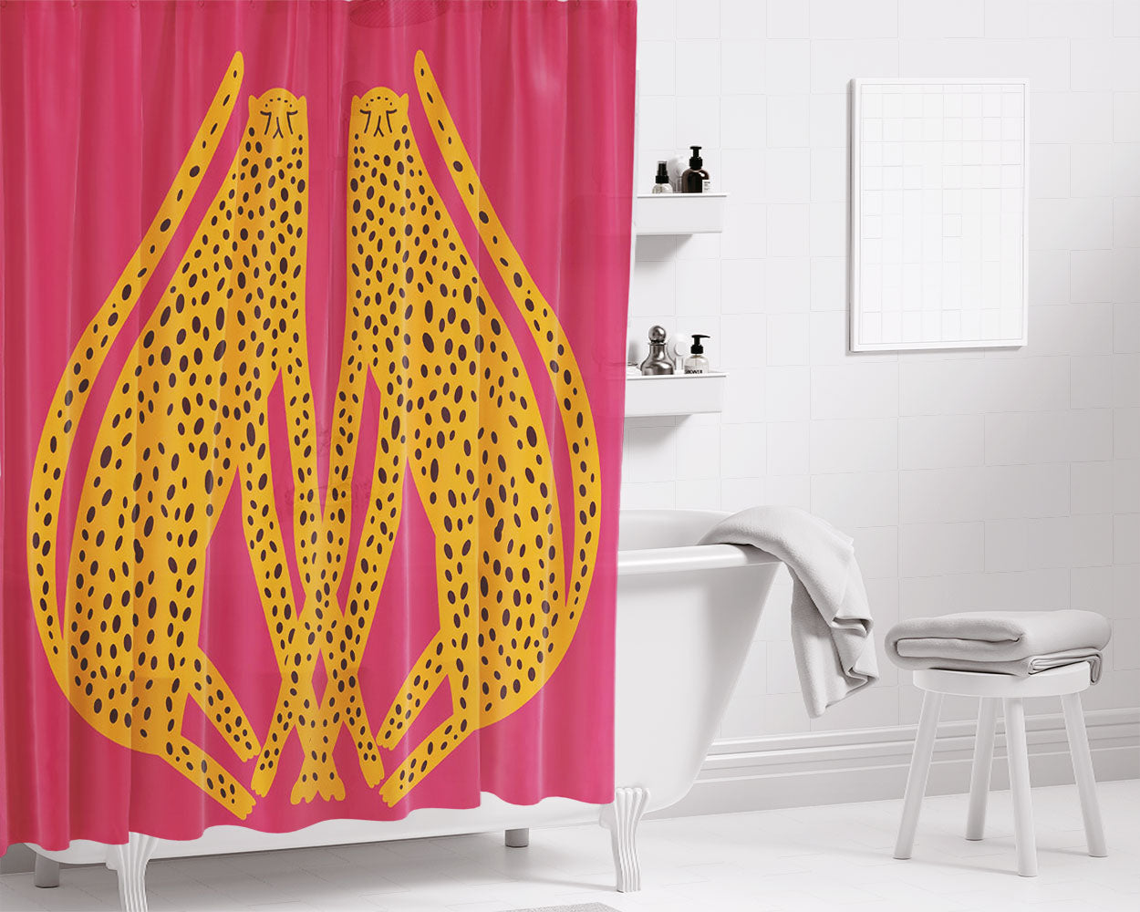 Hand Drawn Cute Leopards Hot Pink Bathroom Shower Curtain Fabric Waterproof | 66 X 72 Inch