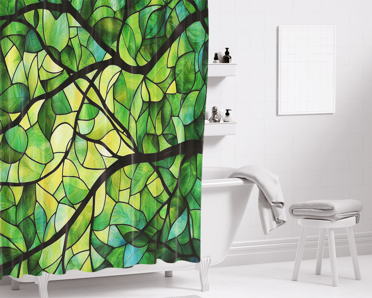 Leaf Pattern Bathroom Shower Curtain Fabric Waterproof | 66 X 72 Inch