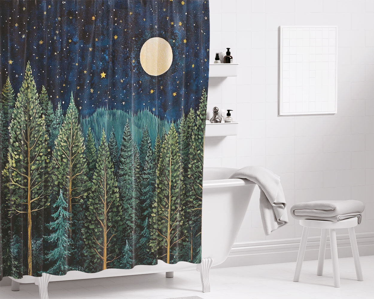 Moonlit Evergreen Forest Bathroom Shower Curtain Fabric Waterproof | 66 X 72 Inch