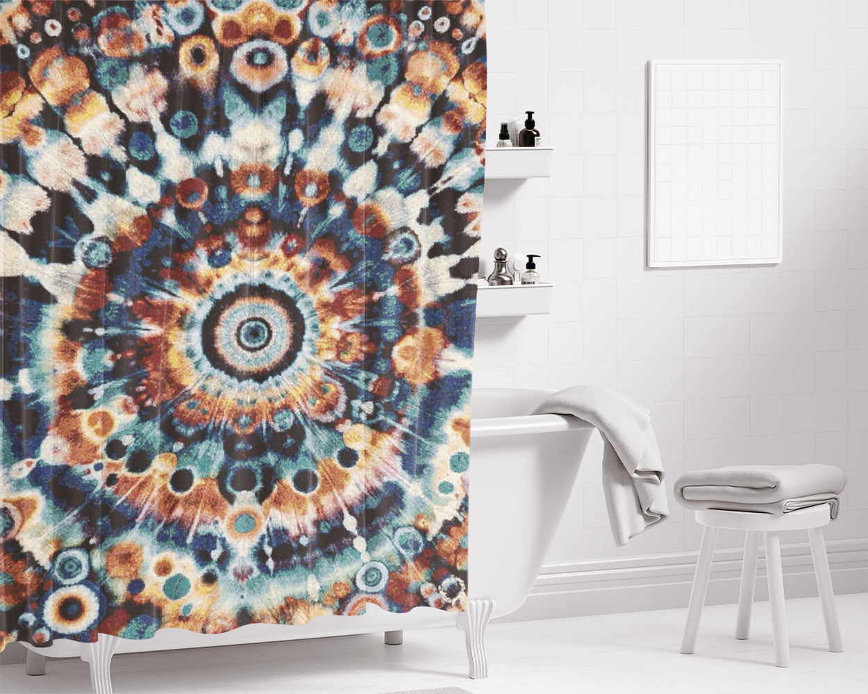 Vibrant Pollack Tie Dye Mandala Bathroom Shower Curtain Fabric Waterproof | 66 X 72 Inch
