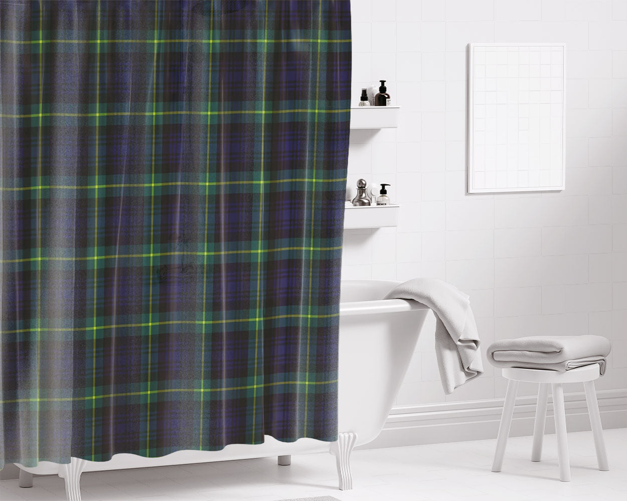 Blue And Green Plaid Bathroom Shower Curtain Fabric Waterproof | 66 X 72 Inch
