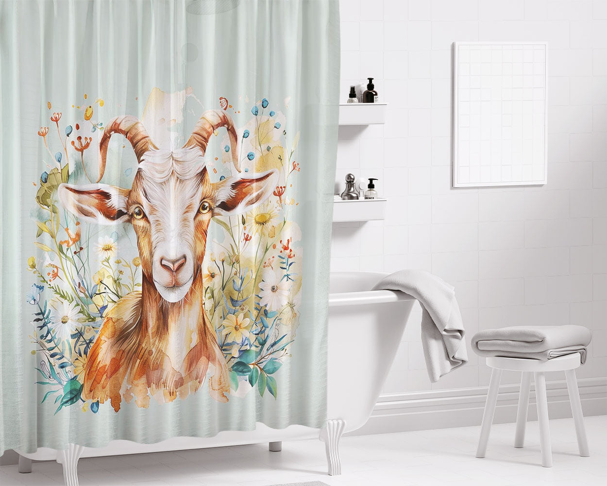 Goat In Wildflowers Bathroom Shower Curtain Fabric Waterproof | 66 X 72 Inch