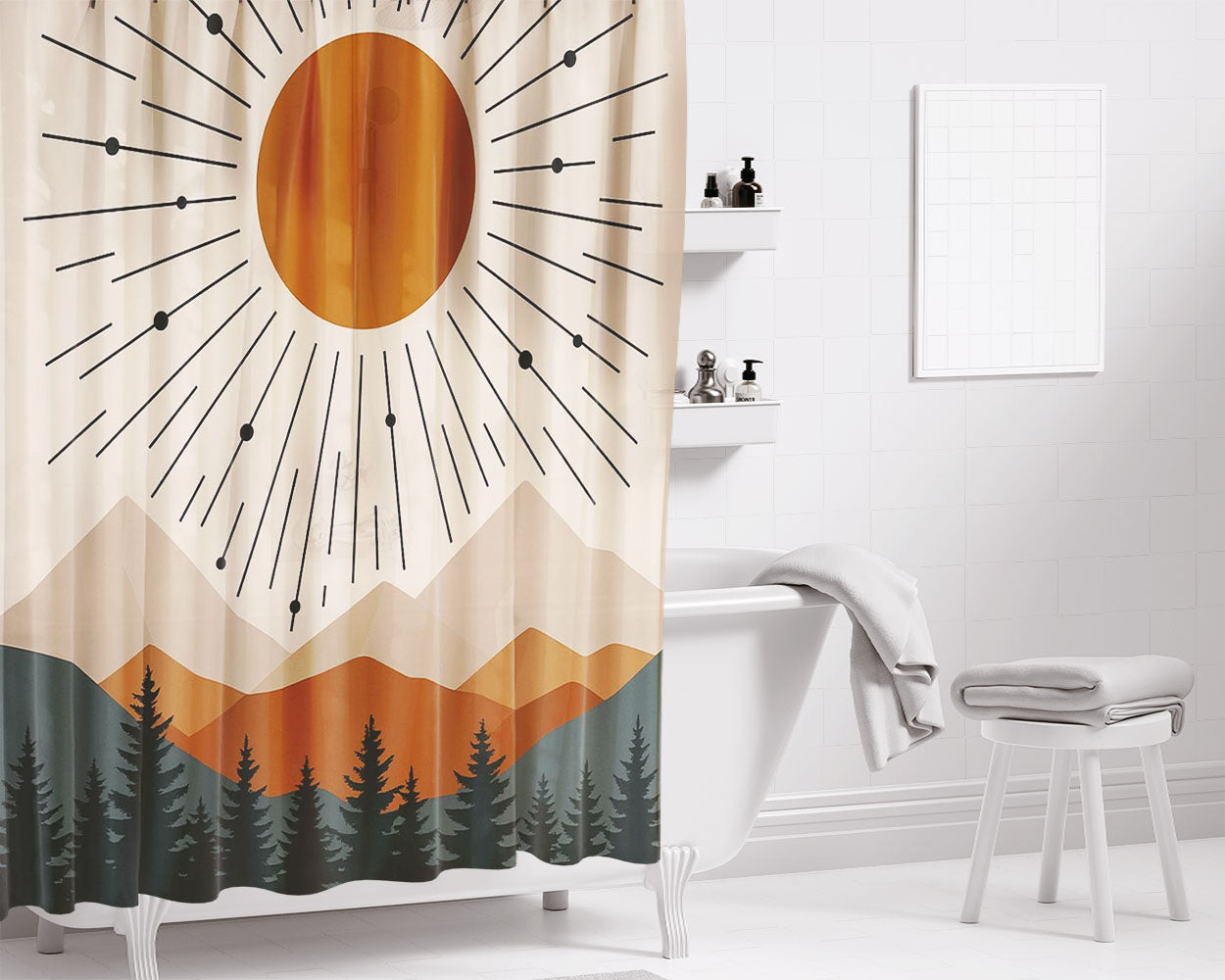 Modern Sunburst Forest Bathroom Shower Curtain Fabric Waterproof | 66 X 72 Inch