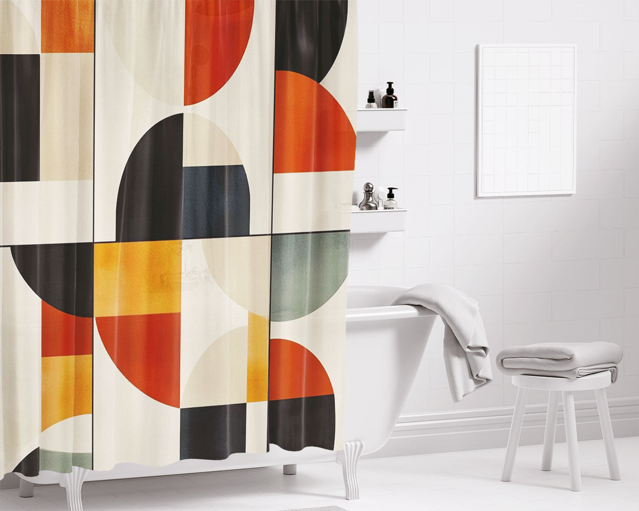 Retro Modern Shapes In Black Bathroom Shower Curtain Fabric Waterproof | 66 X 72 Inch
