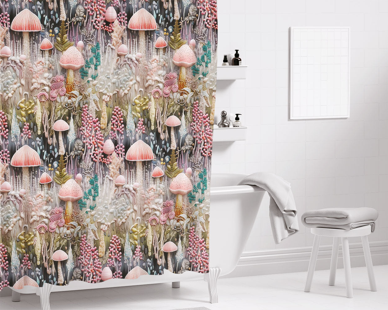 Sage Green Blue Mushroom Bathroom Shower Curtain Fabric Waterproof | 66 X 72 Inch