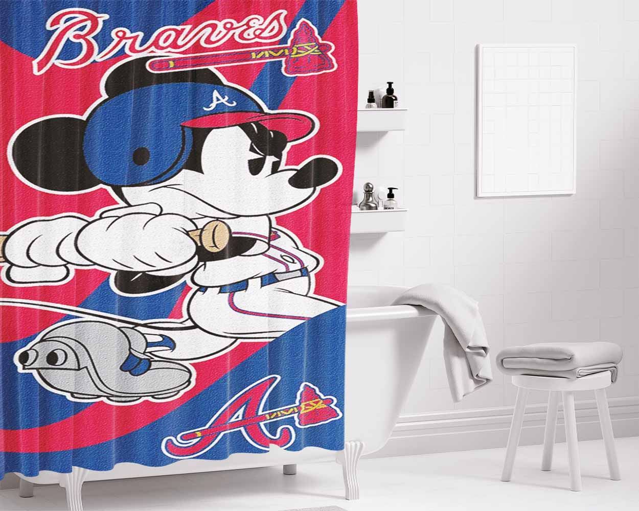 Atlanta Braves Disney Mickey Mouse Mlb Bathroom Shower Curtain Fabric Waterproof | 66 X 72 Inch