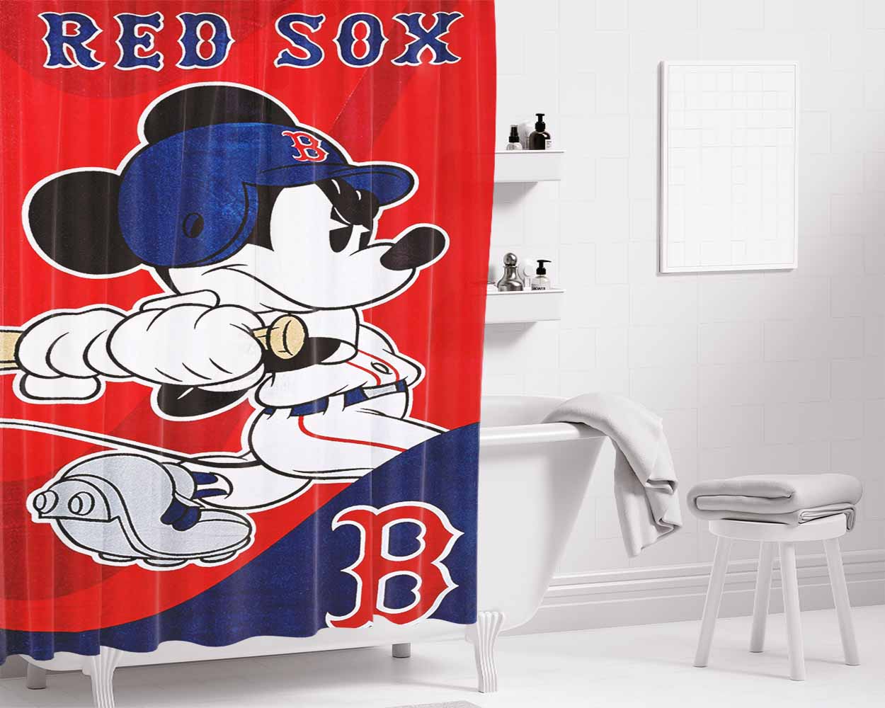Boston Red Sox Disney Mickey Mouse Mlb Bathroom Shower Curtain Fabric Waterproof | 66 X 72 Inch