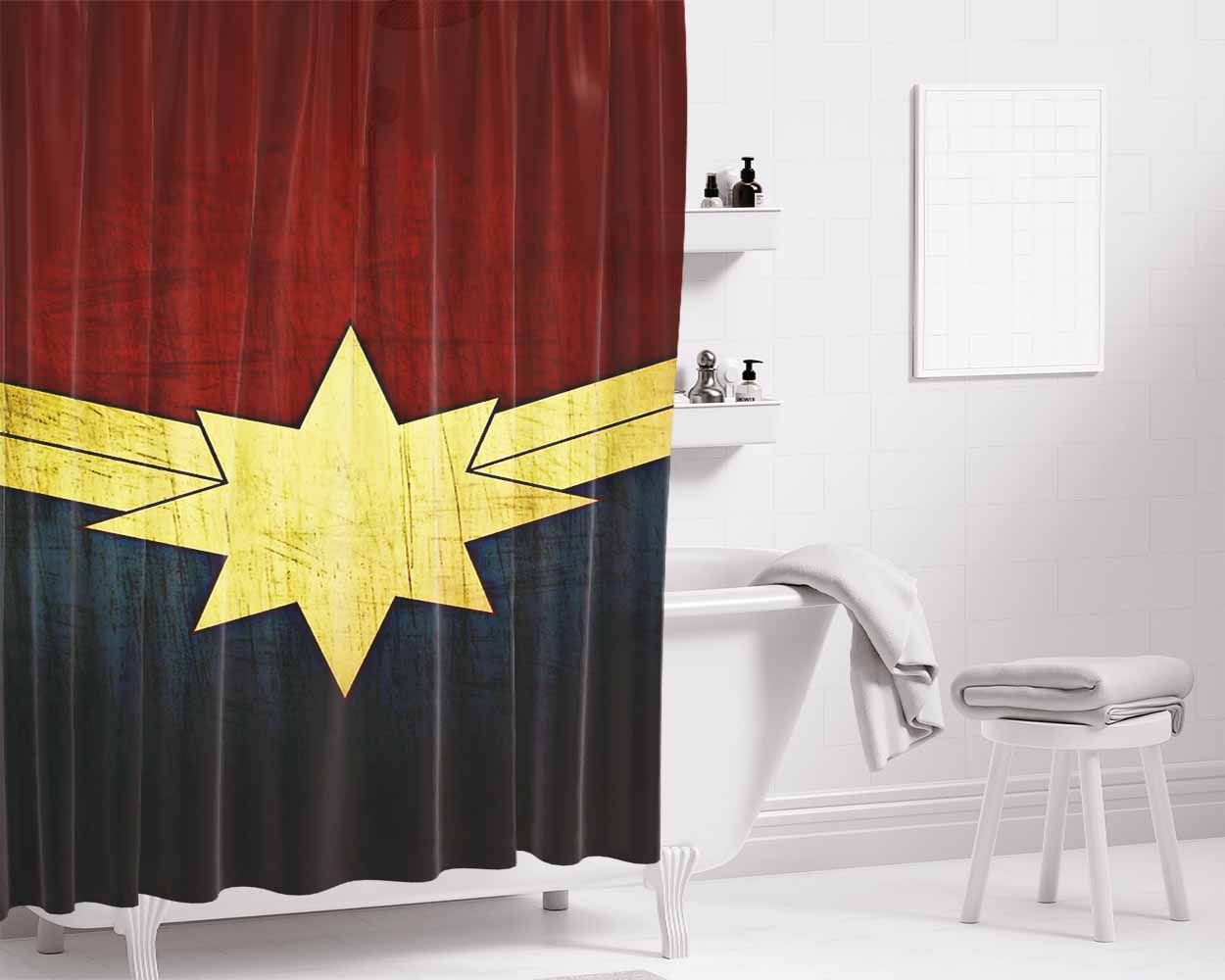 Captain Marvel Comics Logo Bathroom Shower Curtain Fabric Waterproof | 66 X 72 Inch