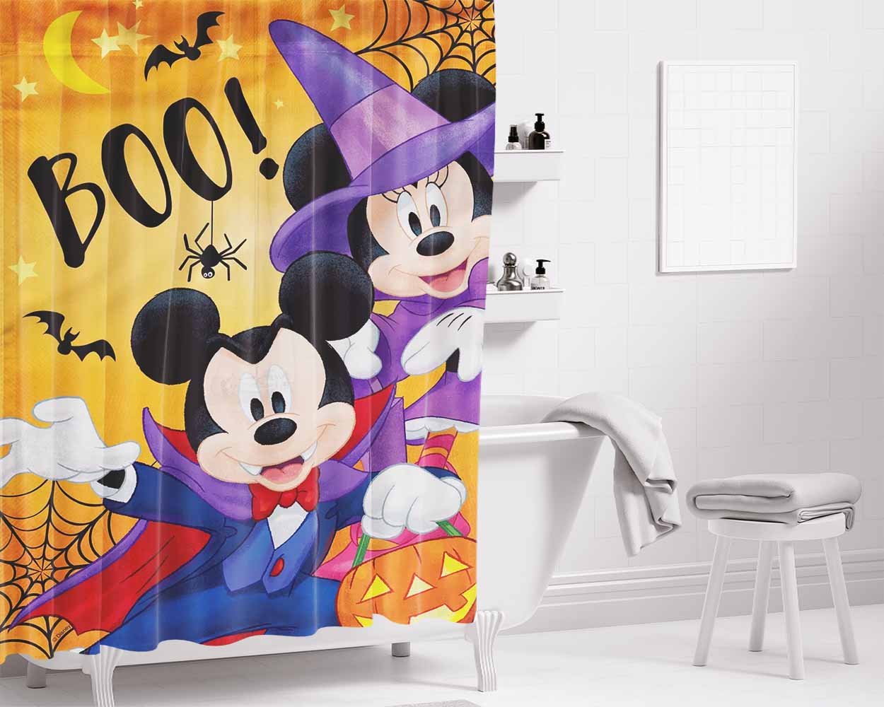 Disney Mickey Minnie Boo Halloween Bathroom Shower Curtain Fabric Waterproof | 66 X 72 Inch