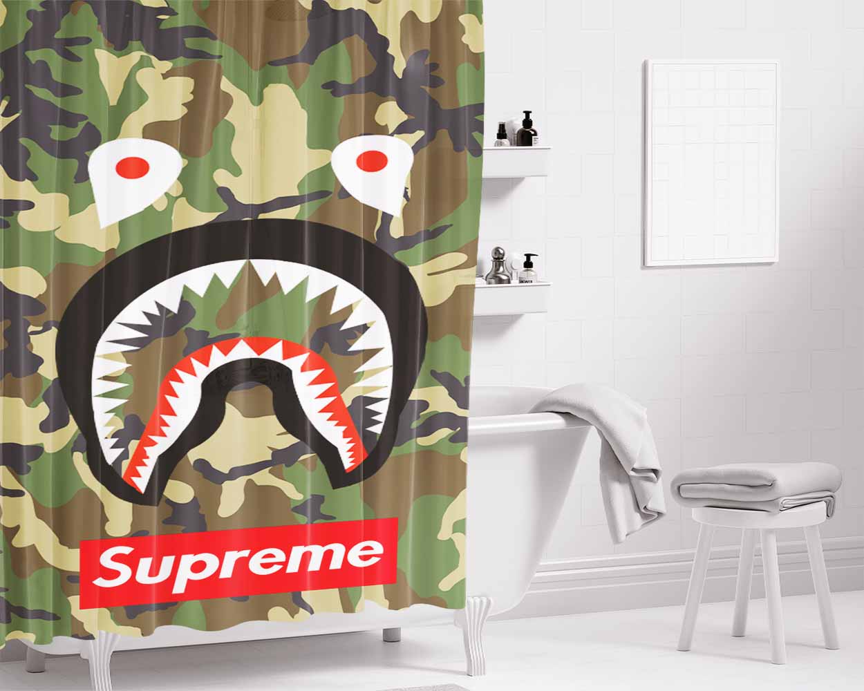 Face Shark Camou Supreme Bathroom Shower Curtain Fabric Waterproof | 66 X 72 Inch