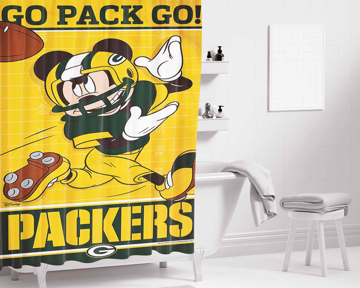 Green Bay Packers Disney Mickey Mouse Nfl Bathroom Shower Curtain Fabric Waterproof | 66 X 72 Inch