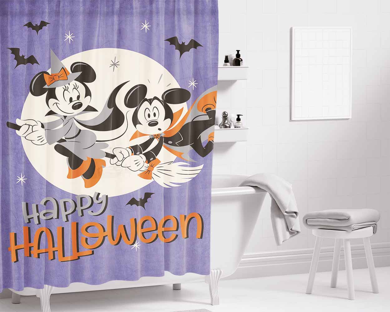 Halloween Mickey & Minnie Broom Flight Bathroom Shower Curtain Fabric Waterproof | 66 X 72 Inch