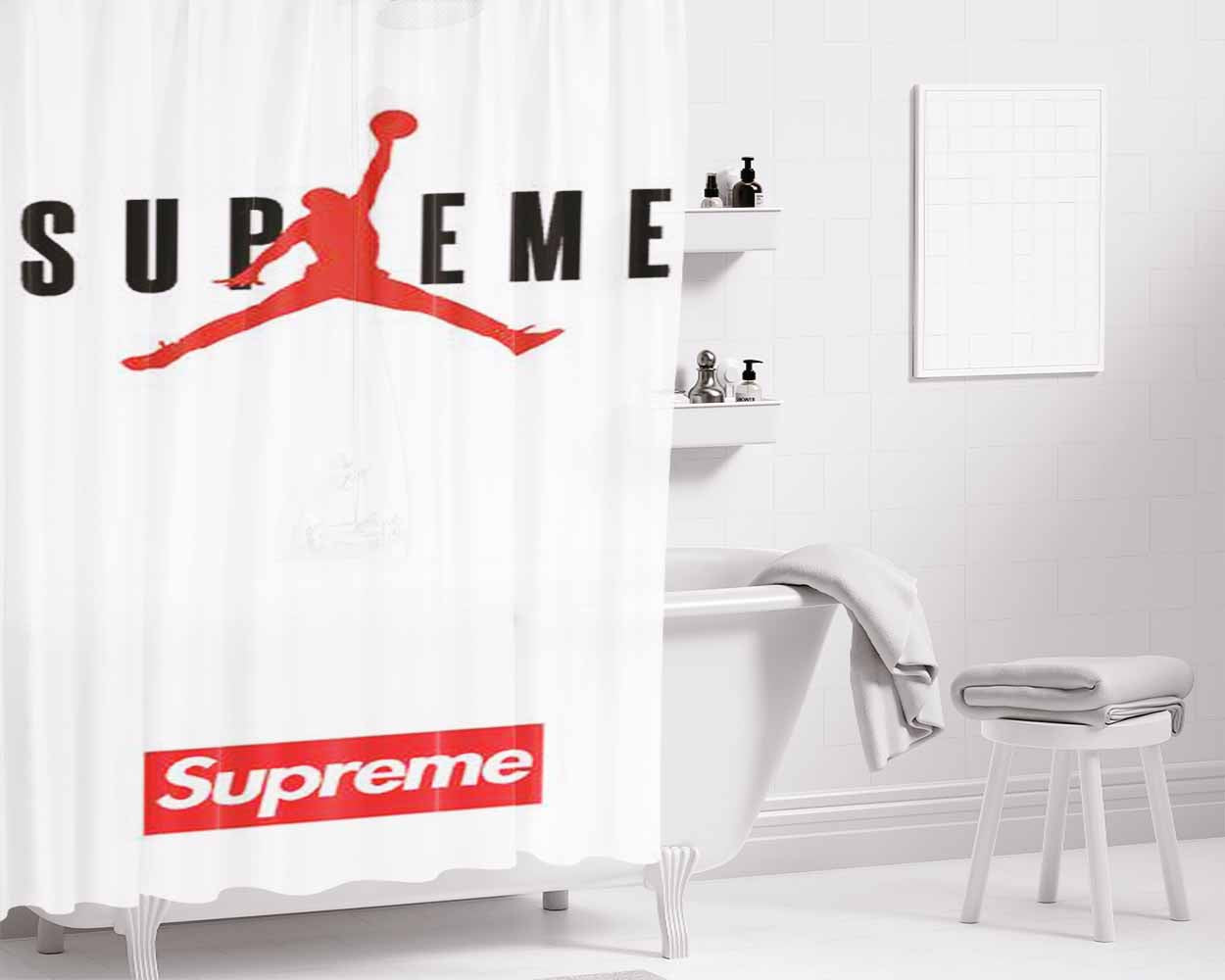 Jordan Supreme White Bathroom Shower Curtain Fabric Waterproof | 66 X 72 Inch
