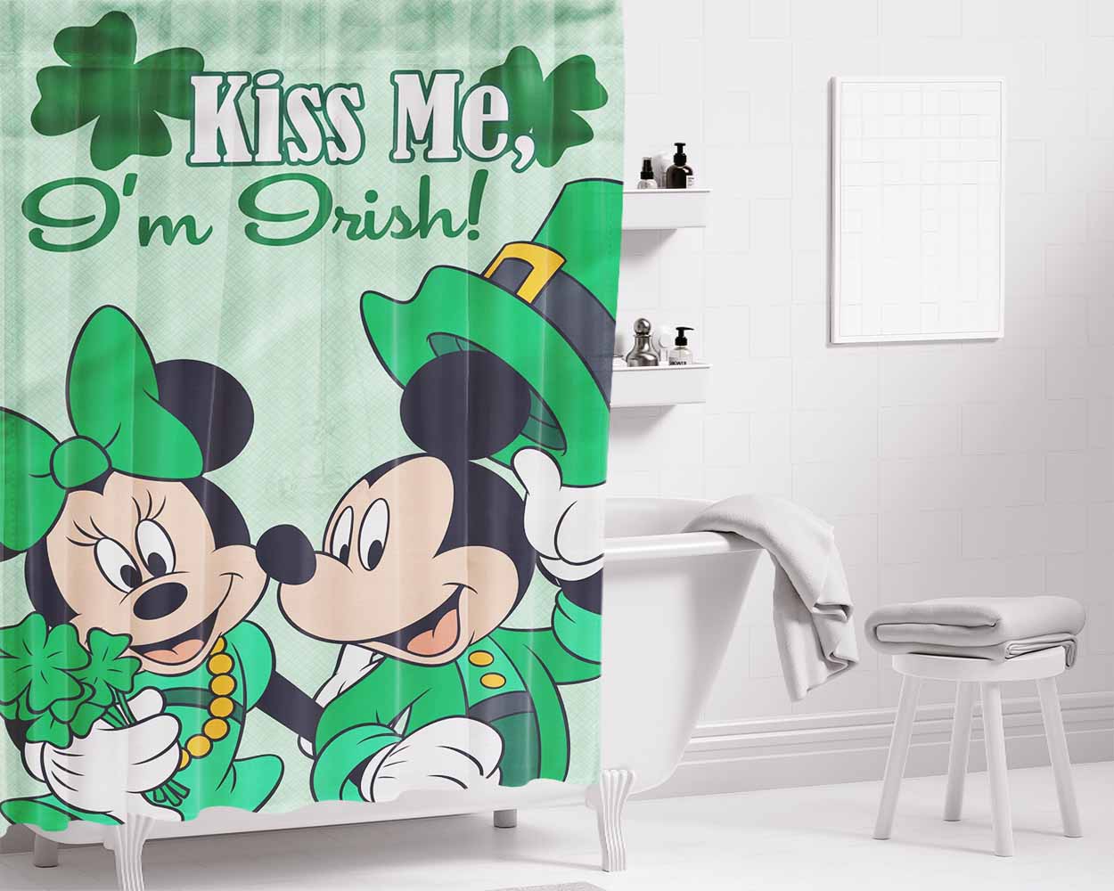 Kiss Me I’M Irish Mickey & Minnie Bathroom Shower Curtain Fabric Waterproof | 66 X 72 Inch