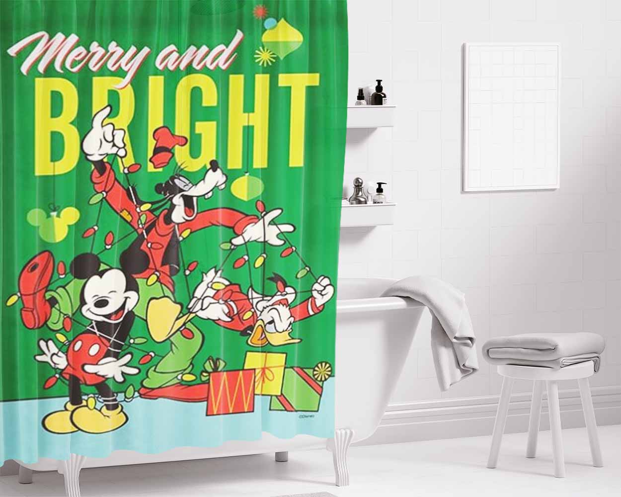 Merry And Bright Mickey And Pals Bathroom Shower Curtain Fabric Waterproof | 66 X 72 Inch
