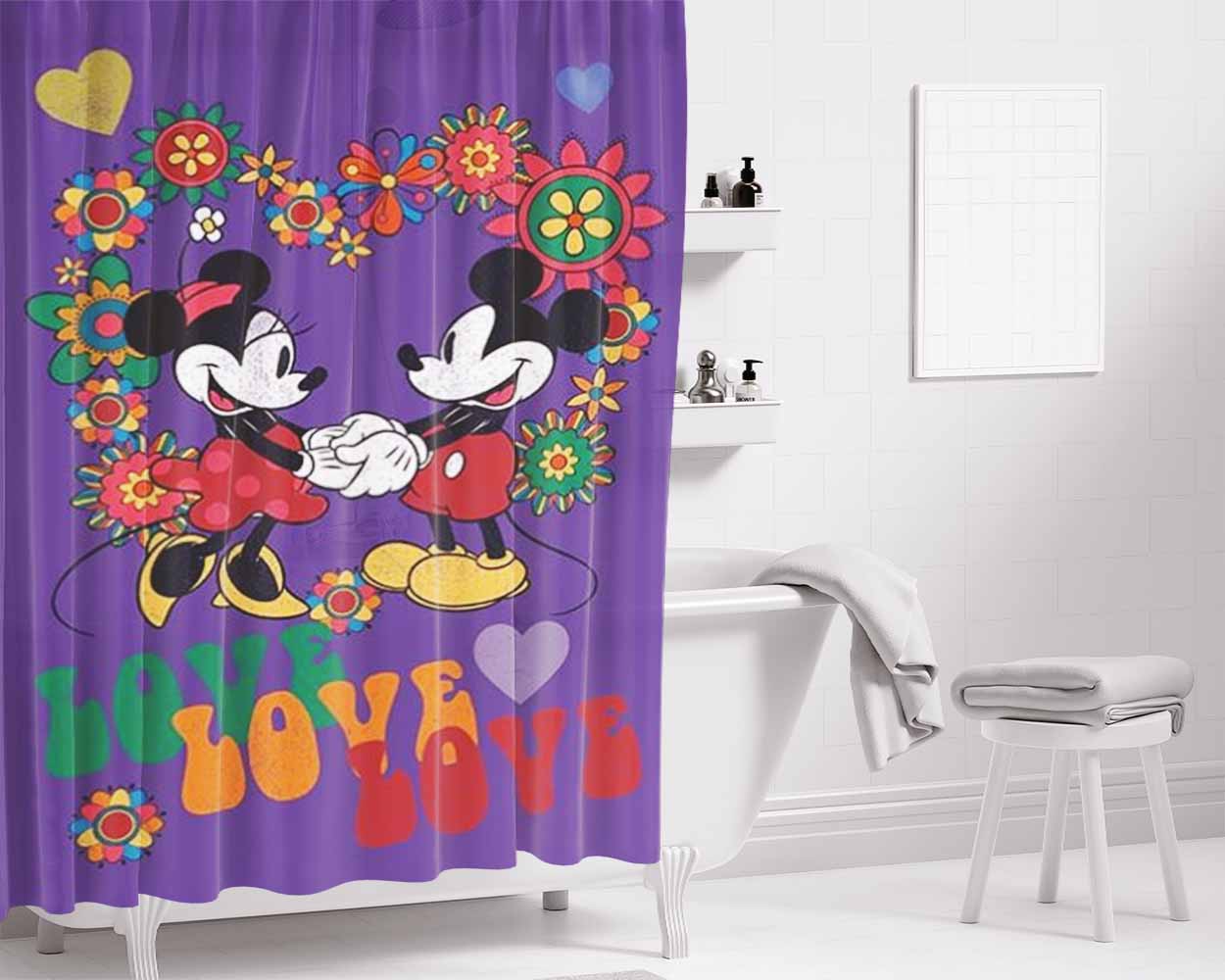 Mickey & Minnie Love Smooch Bathroom Shower Curtain Fabric Waterproof | 66 X 72 Inch