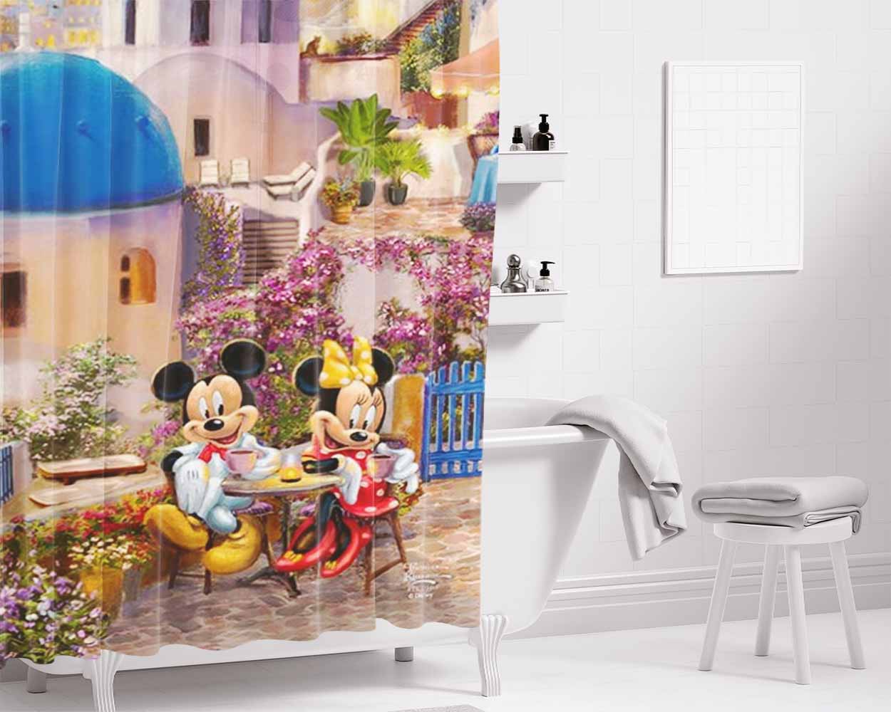 Mickey And Minnie In Greece Bathroom Shower Curtain Fabric Waterproof | 66 X 72 Inch