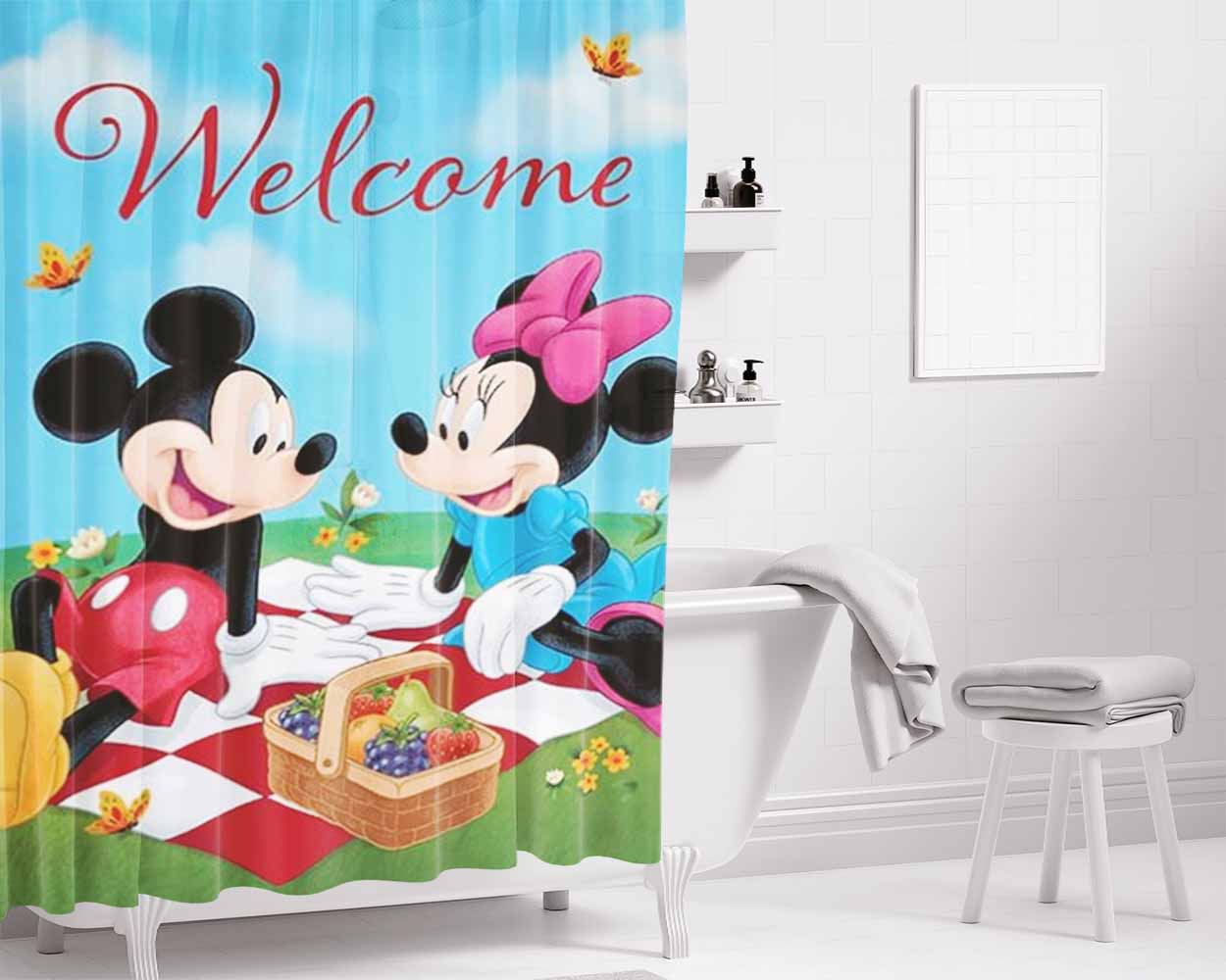 Mickey And Minnie Picnic Bathroom Shower Curtain Fabric Waterproof | 66 X 72 Inch