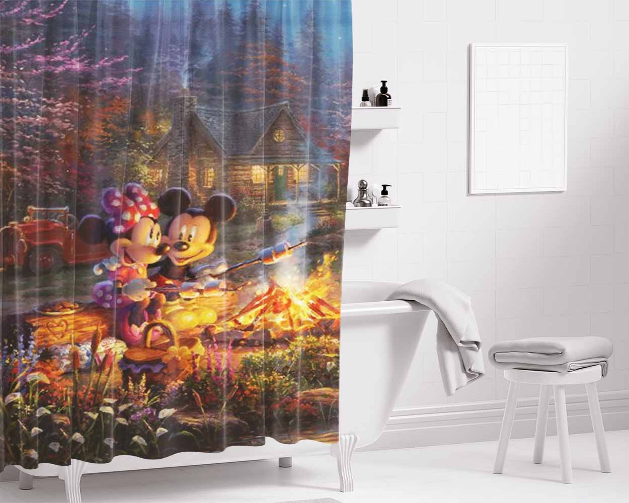 Mickey And Minnie Sweetheart Campfire Bathroom Shower Curtain Fabric Waterproof | 66 X 72 Inch