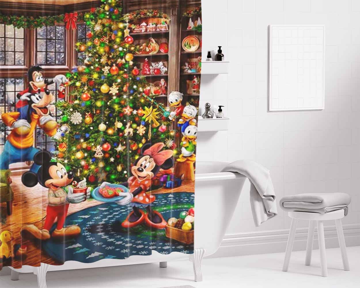 Mickey And Minnie Trimming The Tree Bathroom Shower Curtain Fabric Waterproof | 66 X 72 Inch
