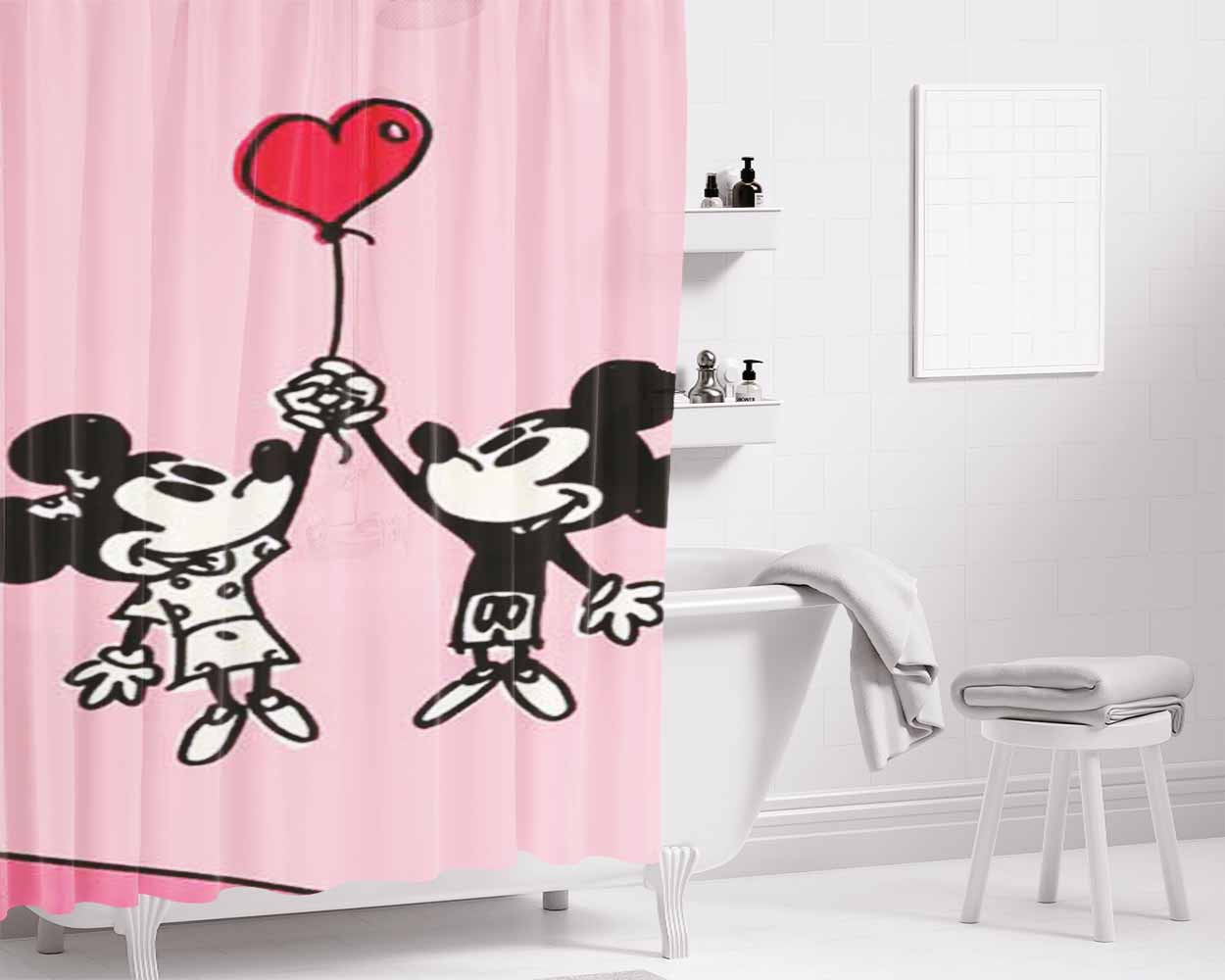 Mickey And Minnie Valentine Bathroom Shower Curtain Fabric Waterproof | 66 X 72 Inch